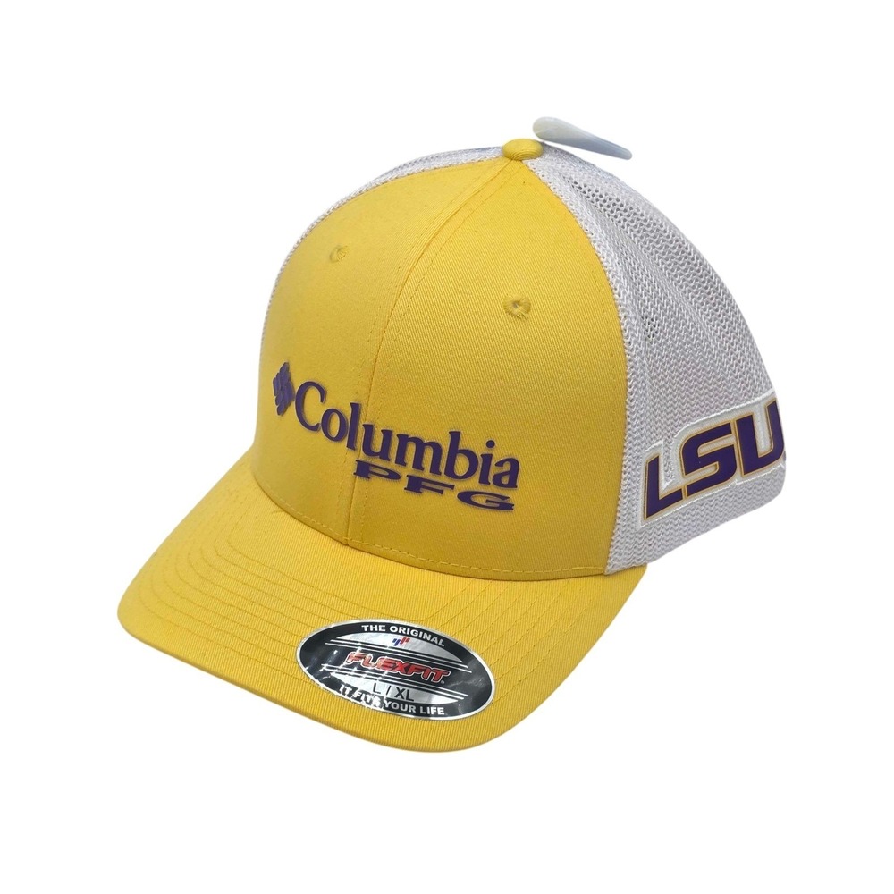 Columbia PFG LSU Tigers Mesh Ball Cap Hat Flexfit Size L/XL Yellow White NWT